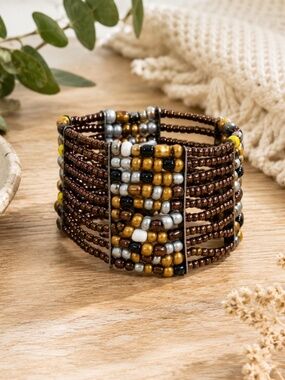 Boho Seed Bead Cuff Bracelet Bronze Gold Silver Stretch Statement Bracelet